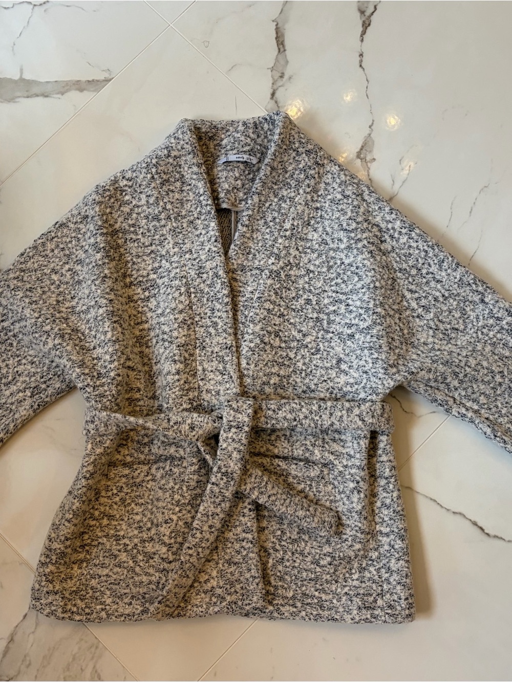 Mango Gray & Cream Bouclé Belted Cape Jacket